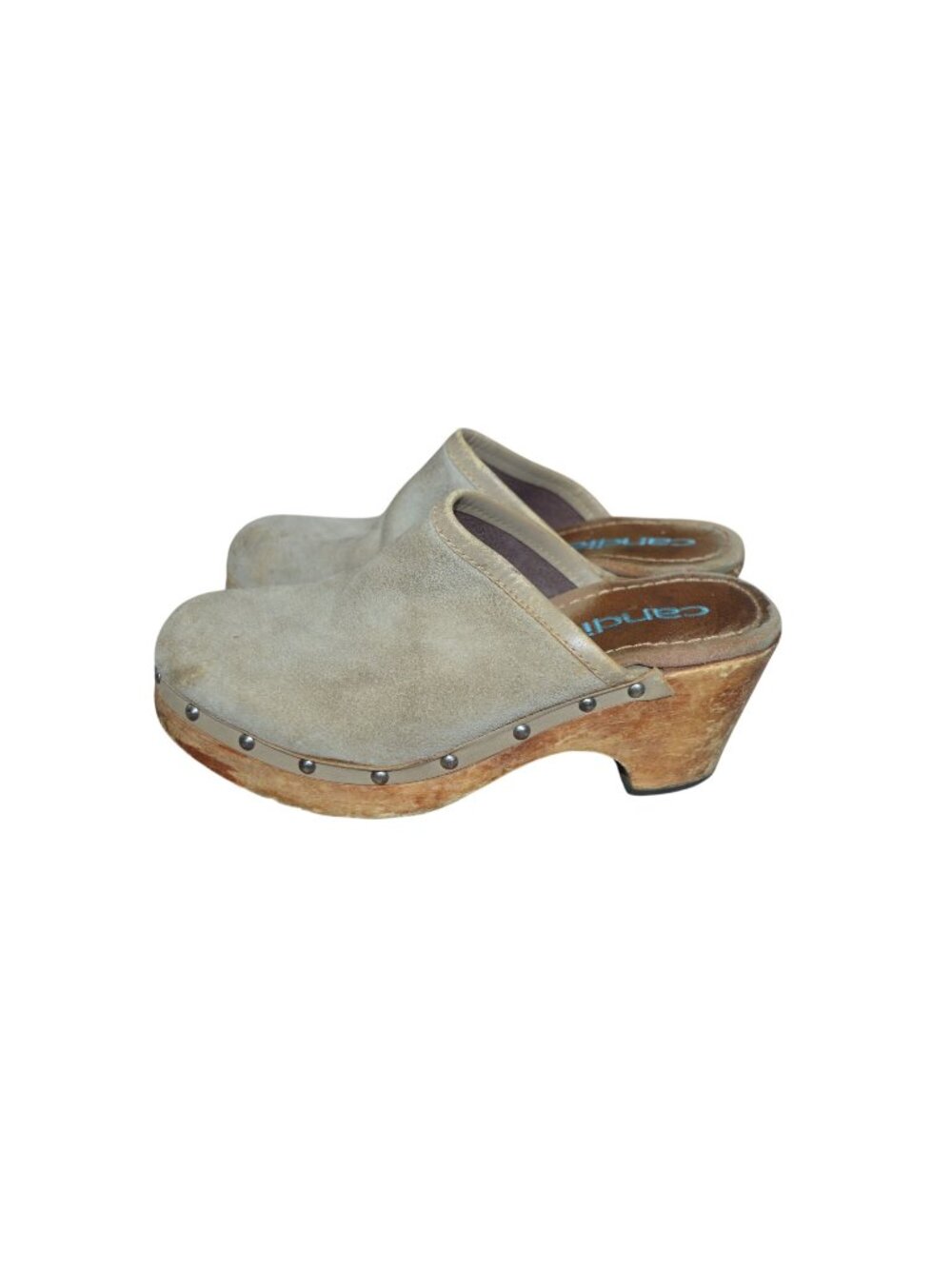 Candie's Beige Suede Leather Studded Platform Wooden Clogs Size 7 Boho Chunky